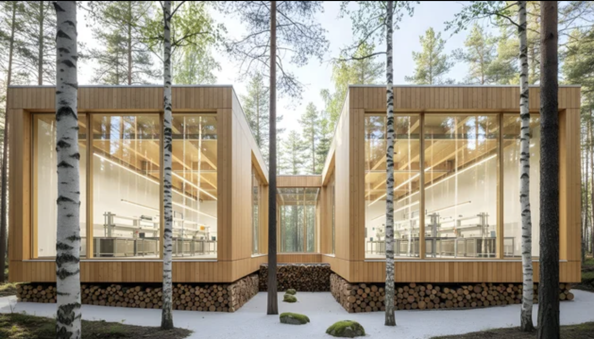 Modular pavilion with timber soffit and natural integration
