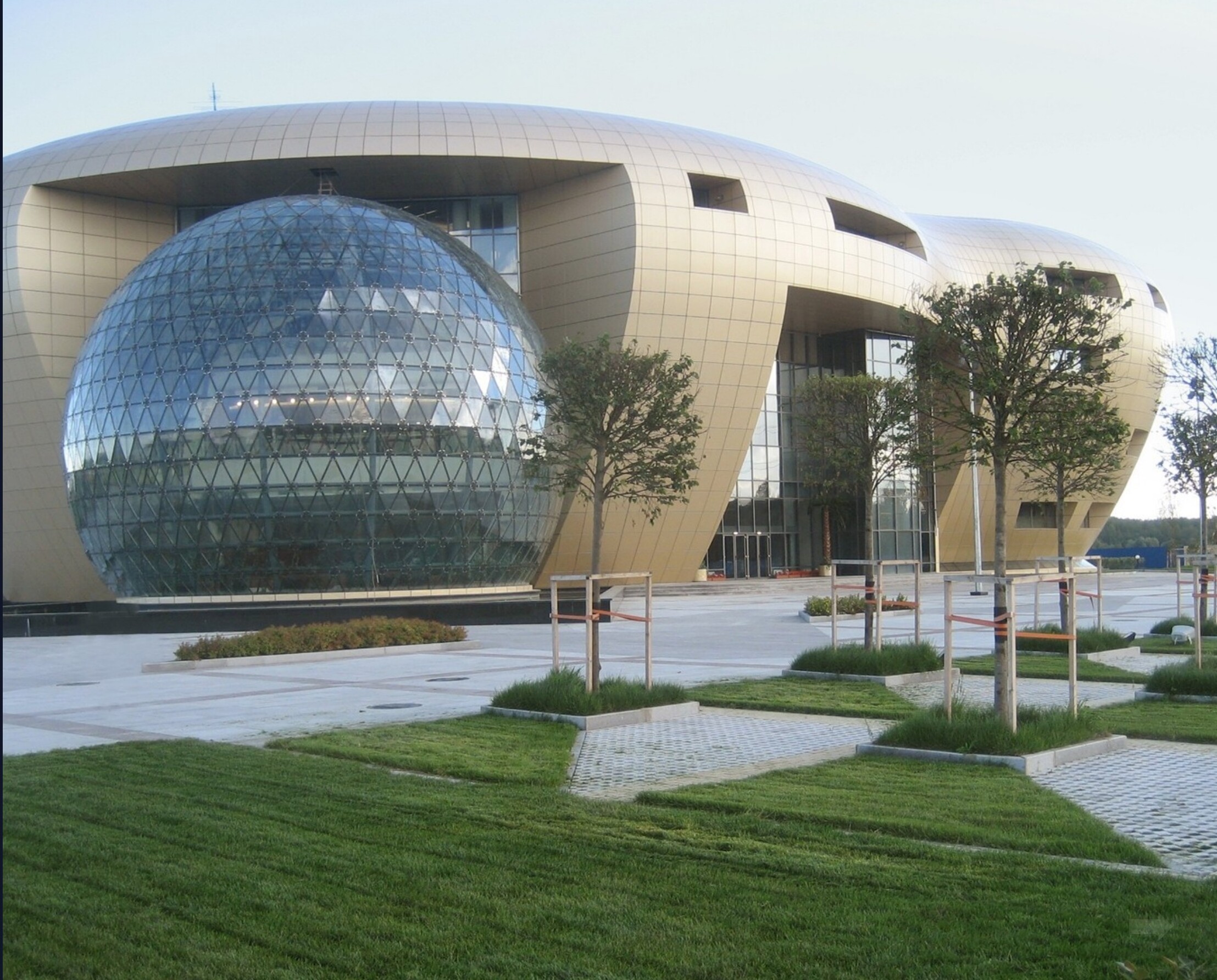 The Baltic Pearl administration building with spherical glass sunroom set within a curving facade