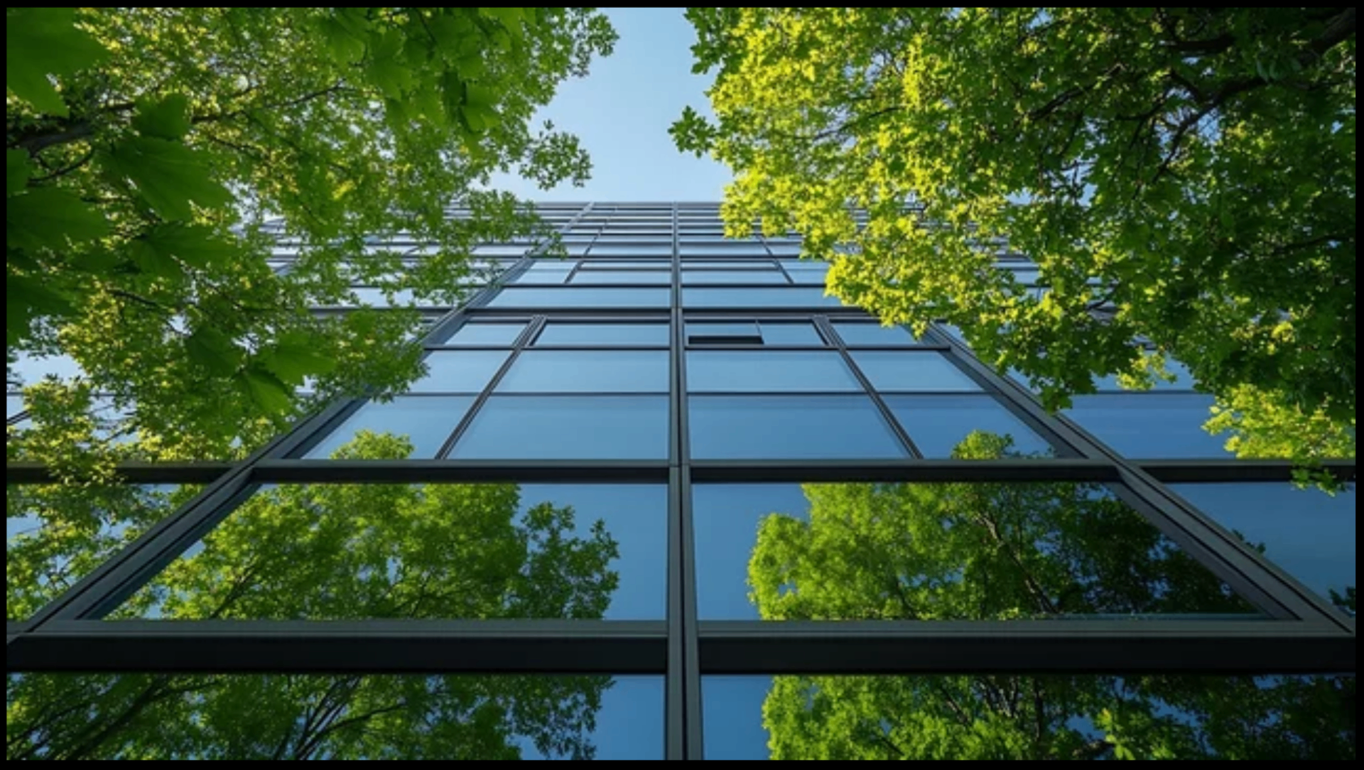 Glass facade reflecting tree canopy — sustainable architecture