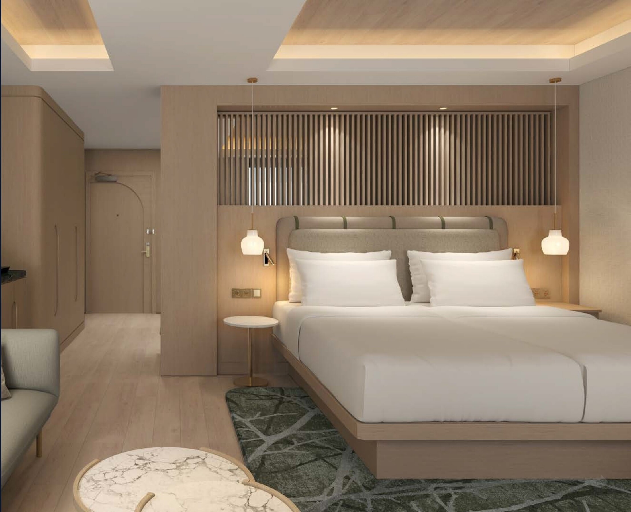 Sustainable hotel & leisure room interior with large bed, wooden accents and modern lighting